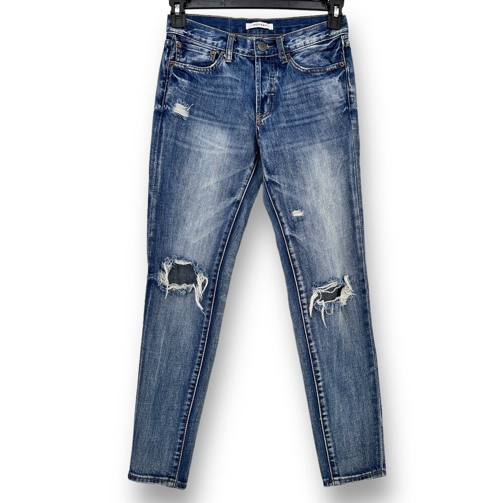 Moussy Ripped Button Fly Skinny Denim Jeans Womens Size 24 Indigo Blue